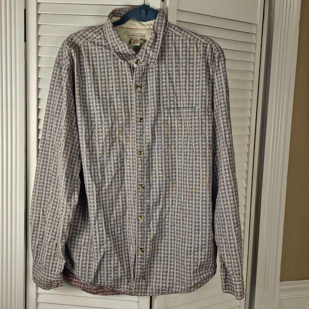 Carbon2Cobalt Mens Red Black Check Print Long‎ Sleeve Button Down Shirt Large